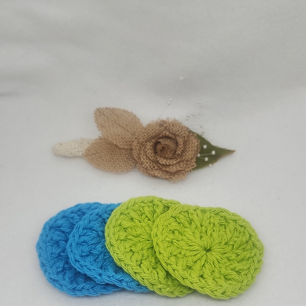 Handmade Crochet Textured Cotton Face Scrubbies Bright Blue and Bright Green x4